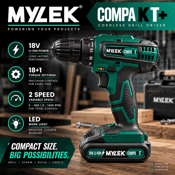 Mylek 18V Cordless Li-Ion Drill With Accessory Kit and Carry Case