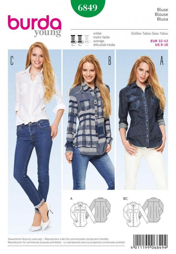 Burda Sewing Pattern 6849 Shirts and Tops For Women, 6-8-10-12-14-16 - Intermediate