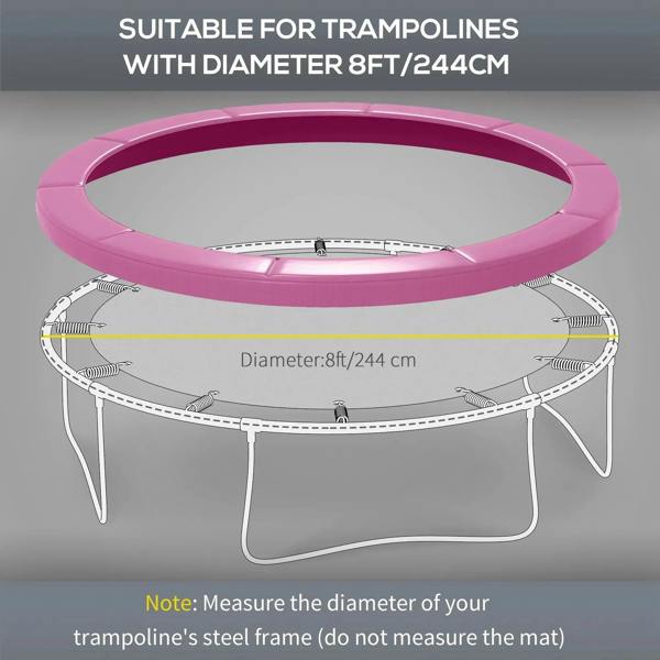 Pink trampoline spring cover pad shown on a frame with diameter 8ft/244cm