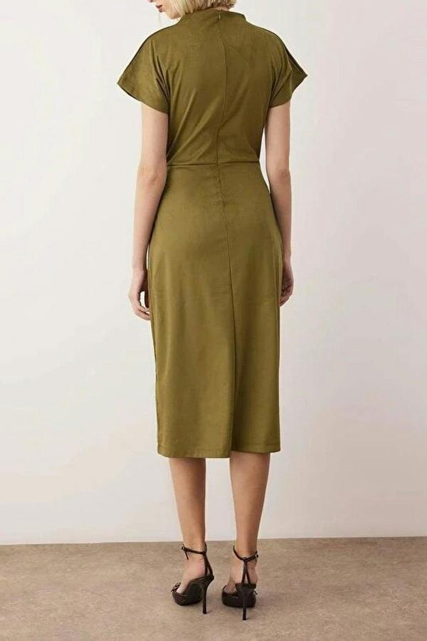 WOVCOR Gathered Midi A-Line Suede Knit Dress