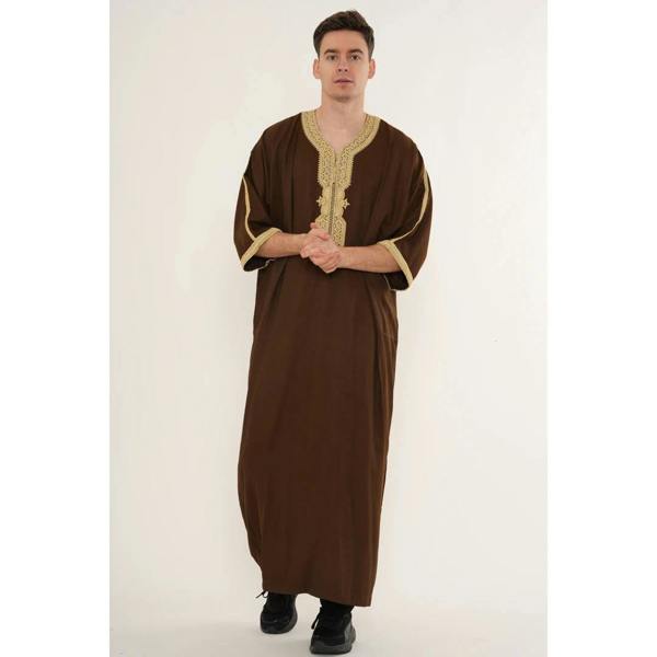 Men's Half Sleeve Embroidery Moroccan Thobe - Brown Beige - Thobez - 18