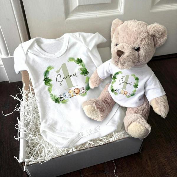 Personalised Green Boys 1st Baby Gift Hamper - Teddy & Vest