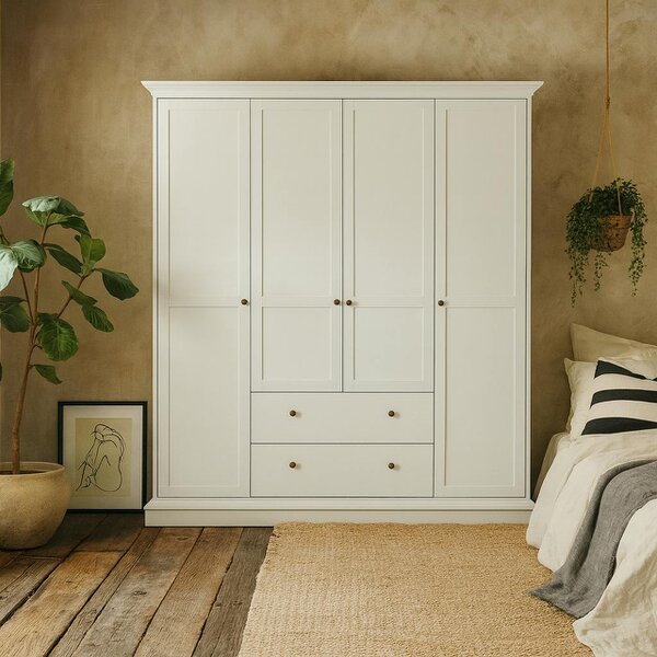 Wyld Haus Osaka Farmhouse White Wooden Wardrobe 4 Doors 2 Drawers