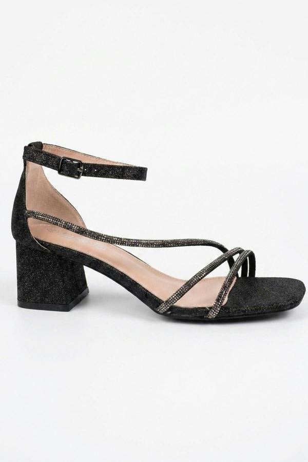 Saoirse Glitter Block Heel Strappy Sandals - Black