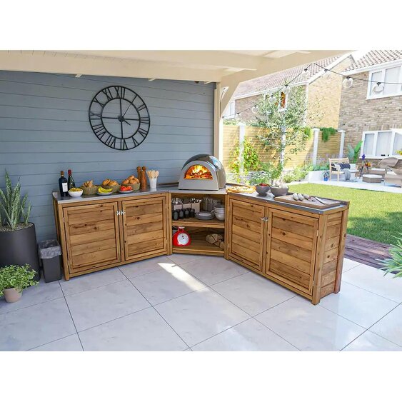 Dunster House Wooden Garden Kitchen Unit J-Configuration With Stainless Steel Countertop, W2m x D2m / W7' x D7'