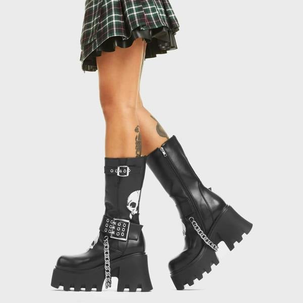Lamoda Visions Black PU Skull Flats Women Edgy Slip-On Stylish Comfort Shoes