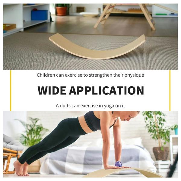 Natural wood wobble board with two hanging ropes on an exercise mat