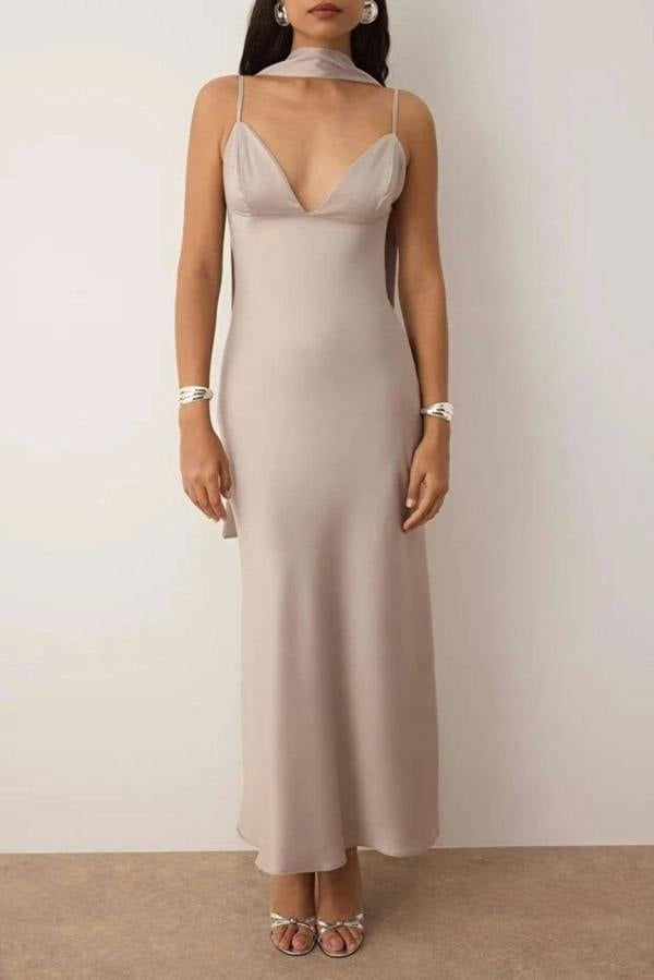 Hoxton Gal Maxi Satin Evening Dress with Shawl Detail