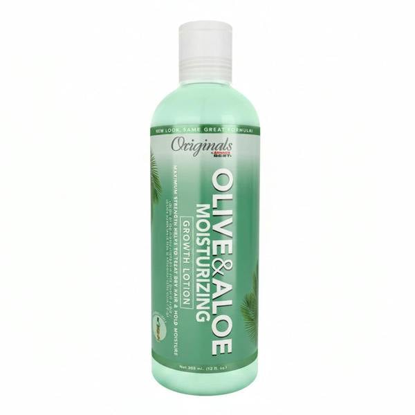 Green bottle of Olive & Aloe moisturizing lotion on a white background