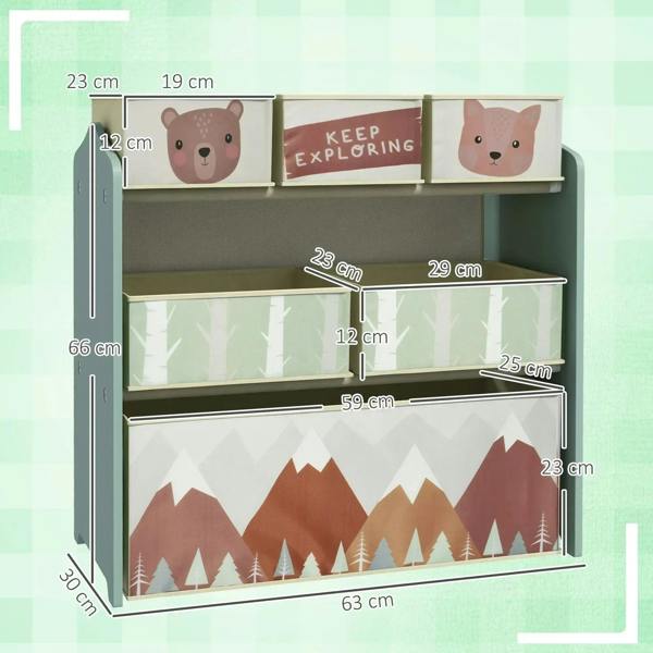Kids green storage unit layout with six fabric bins and printed mountain forest panel design
