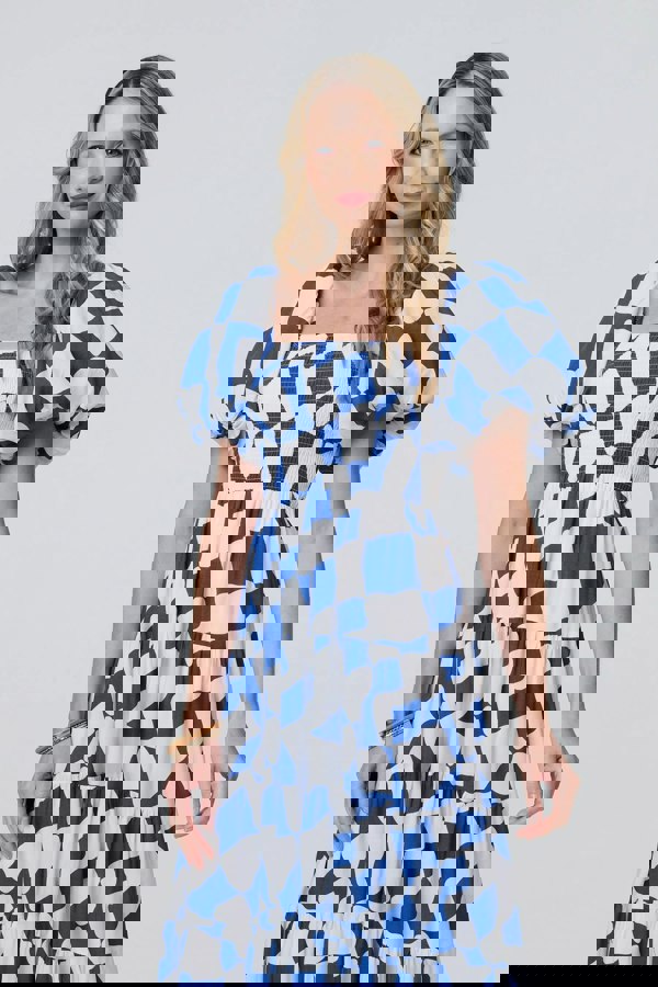 Blue | Printed Puff Sleeve Bardot Smock Midi Dress
