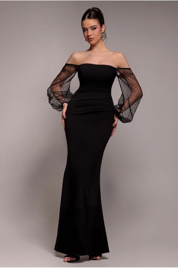 Dobby Organza Bishop Sleeve Multiway Maxi Dress - Black DR5011