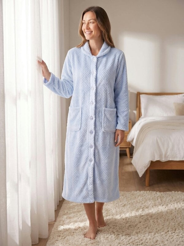 Camille Womens Supersoft Popcorn Textured Fleece Button Up Housecoat