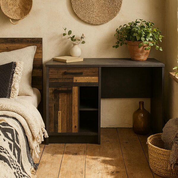 Wyld Haus Whimwick Desk with 1 Door and 1 Drawer in Walnut and Dark Matera Grey