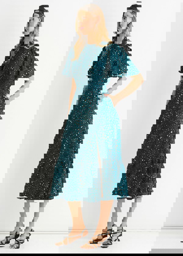 Gini London Green Animal Print Smock Tiered Midi Dress