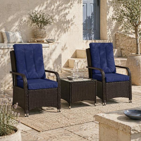 Wyld Haus Rereha Dark Blue Rattan 3 Piece Bistro Set With Glass Table And Protective Cover