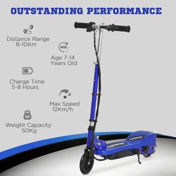 Blue folding electric kids scooter standing upright with black wheels and kickstand