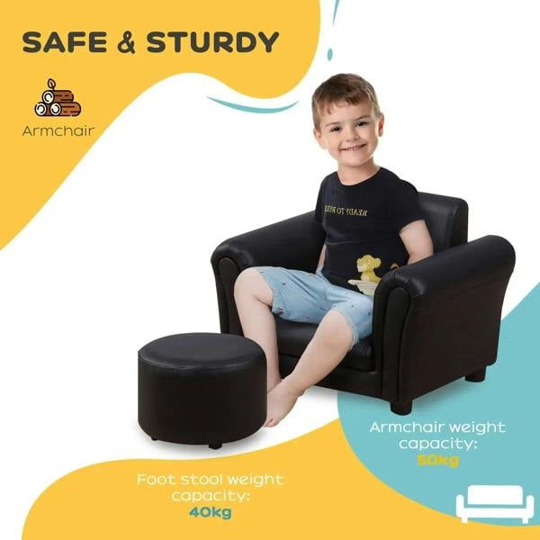 Black kids armchair with round footstool; child seated