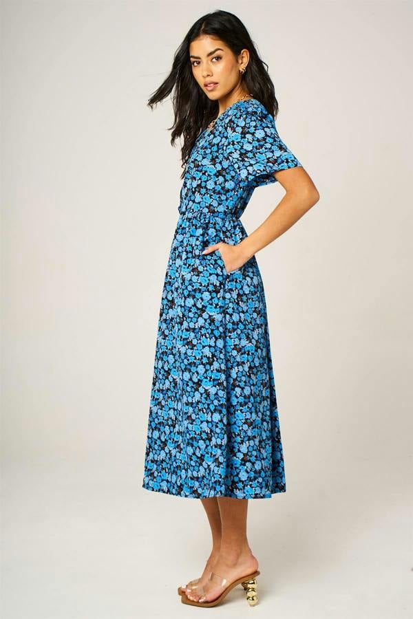 FS Collection Floral Print Button Front Midi Dress In Royal Blue