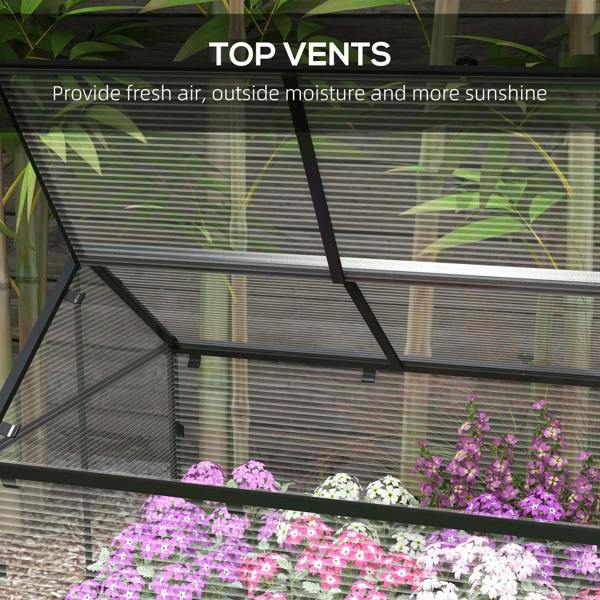 Grey raised garden bed with vented transparent top panel and mesh interior frame