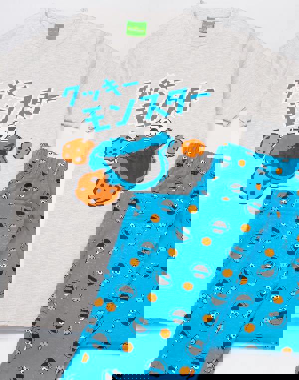 Sesame Street Mens Blue Cookie Monster Japanese Text Short Sleeve Long Leg Pyjama Set