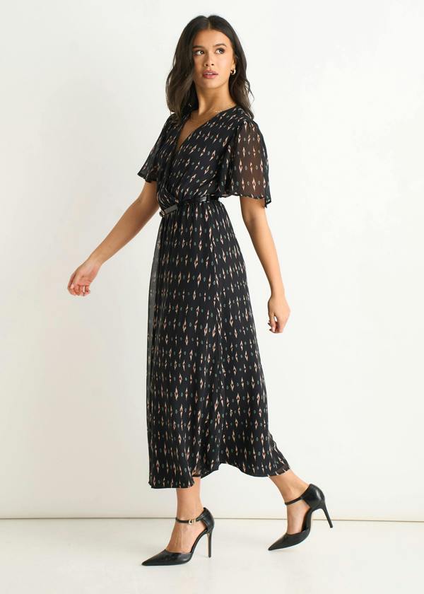 Gini London Black Silk Geo Print Midi Dress