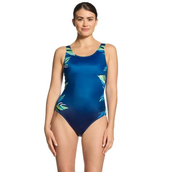 Zoggs Sea Frond Scoopback Swimsuit in blue with glossy leaf print
