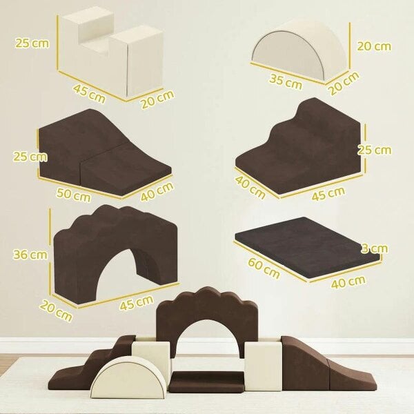 7 Piece Kids Soft Play Set with Detachable Cover, Baby Indoor Climb and Crawl Foam Toys for Toddlers, Brown