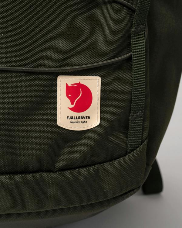 logo detail of of Fjallraven Skule 24L Unisex Backpack in Deep Forest 662