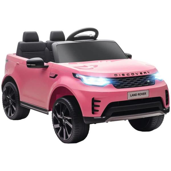 Pink Land Rover Discovery kids electric ride-on car with LED headlights, front view