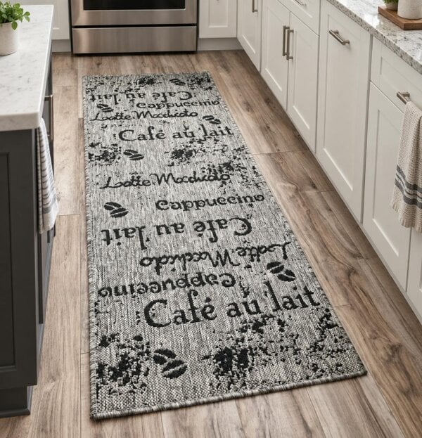 Viva Rugs Grey Coffee Pattern Runner Rug Non-Slip Flat Weave Kitchen Hallway Carpet