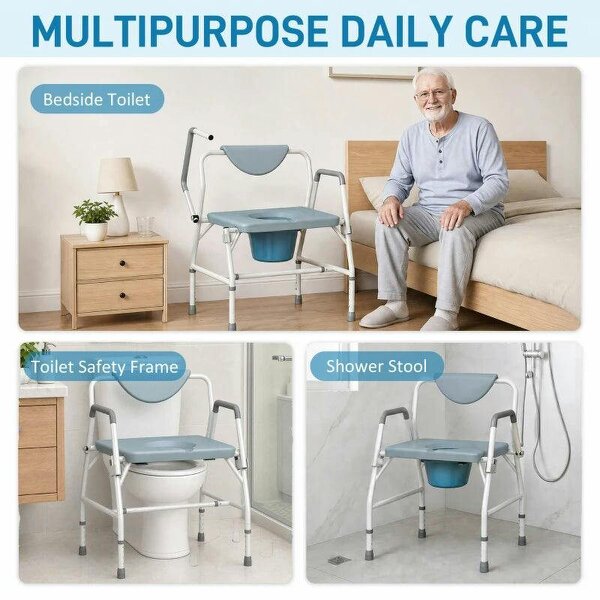 Height Adjustable Bedside Commode, Heavy Duty Commode Toilet Chair with Flip-Up Arms, White and Grey