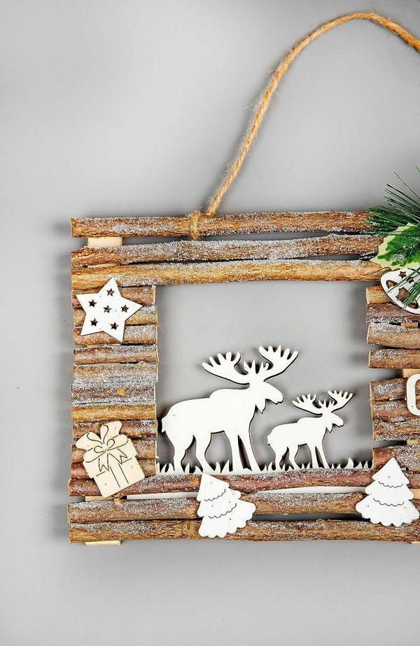 40 x 20cm Wooden Twig Frame Christmas Wall Hanging Decoration with Reindeer Scene image 4