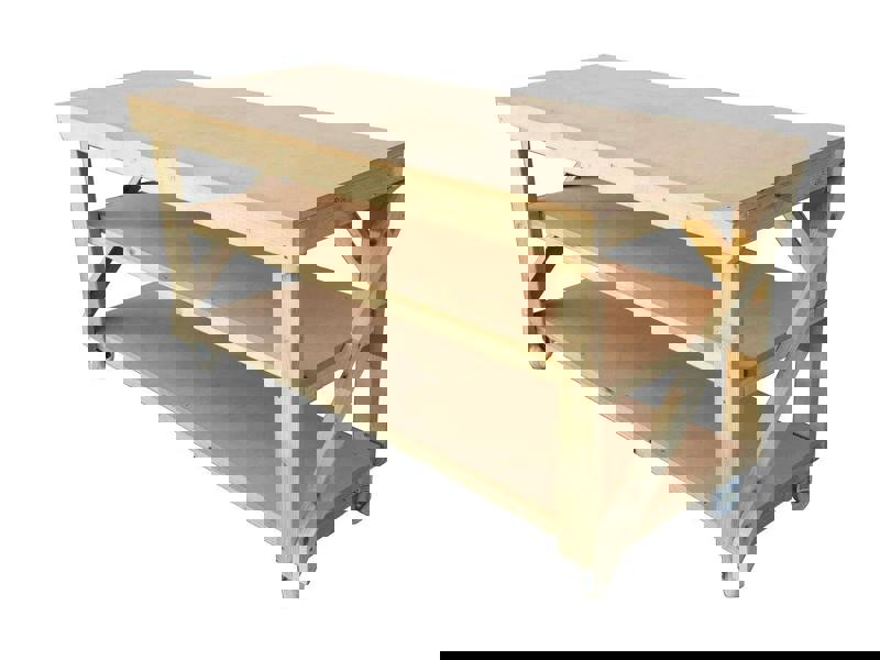 Wooden MDF Top Workbench – Sturdy Mobile Workstation with Double Shelf and Wheels, Ideal for Dry Indoor Spaces Such as Garages, Workshops, and Studios