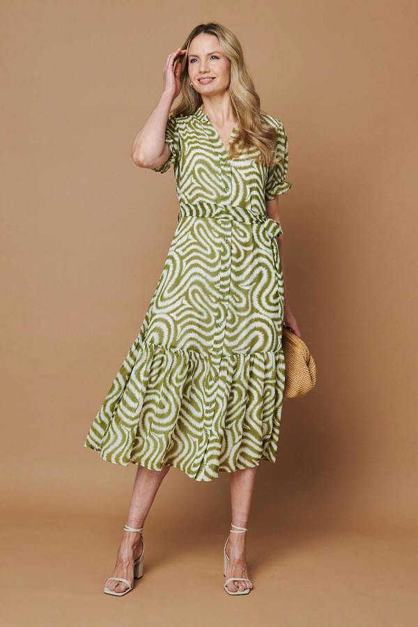 Green | Printed Short Sleeve Midi Shirt Dress
