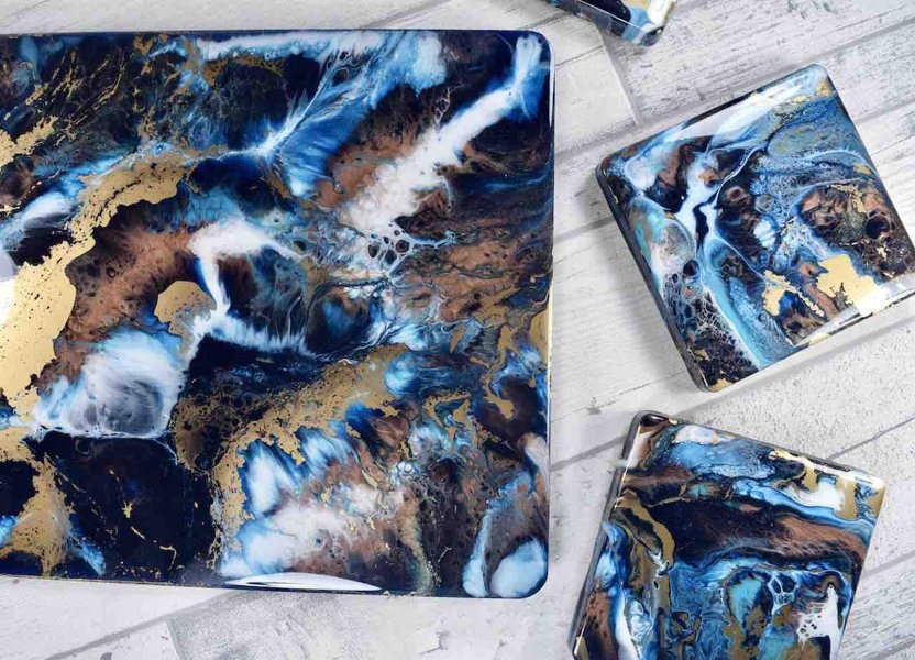 Kate Chesters Art Blue Gold Bronze Resin Art Placemats and Coasters Set - Heat Tolerant