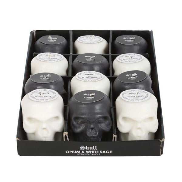 Serano Set of 12 Opium & White Sage Skull Candles in Display
