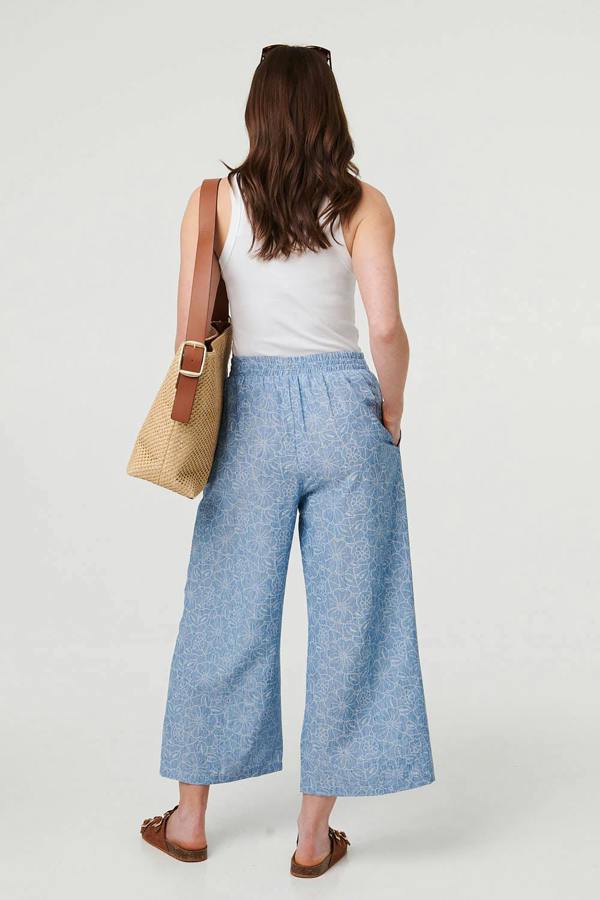 Blue | Floral Shirred High Waist Wide Trousers
