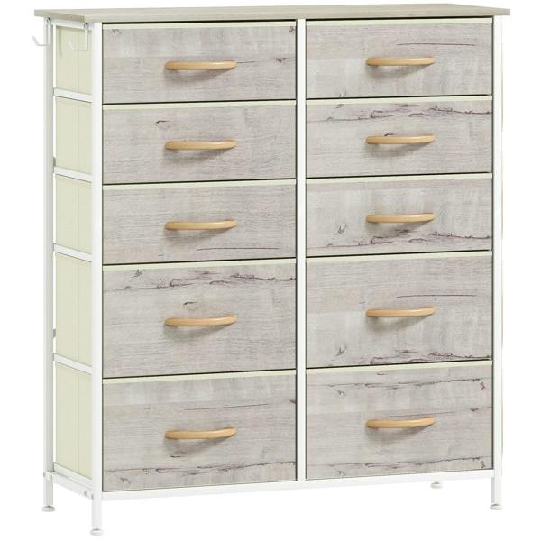 Fabric drawer chest with light gray wood-look finish, 10 drawers, wood handles