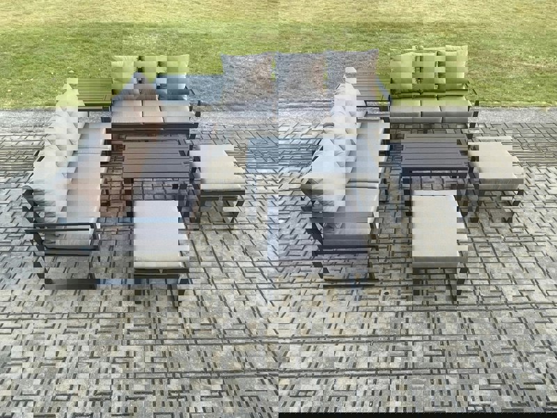 Fimous Aluminium Patio Outdoor Garden Furniture Lounge Sofa Set with Oblong Coffee Table 2 Big Footstools Side Table Dark Grey
