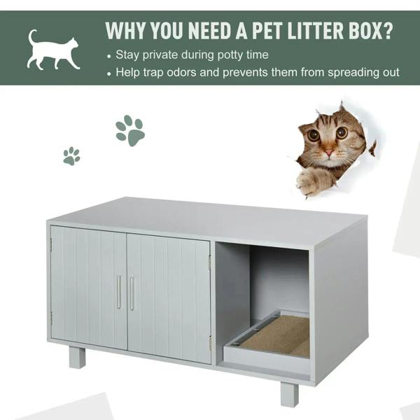 Grey wooden cat litter box enclosure with private open bay for litter and scratching