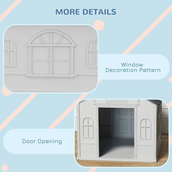 White plastic dog house with arched window panels and front door opening