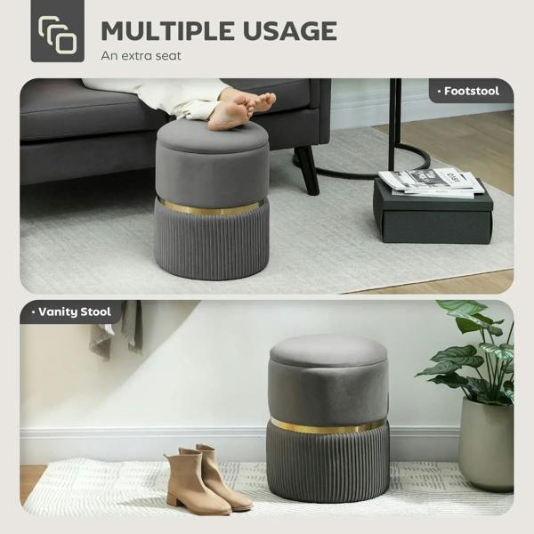 Grey storage ottoman shown as footstool and extra seat; gold-tone accent band