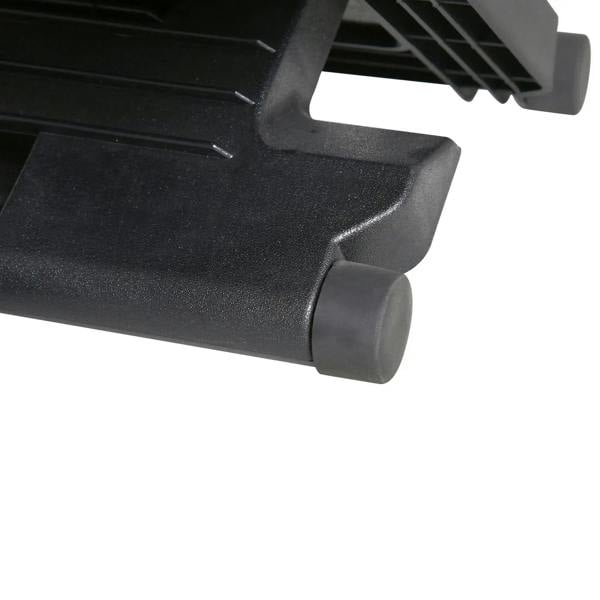 Black under-desk footrest with padded end feet and textured base support.