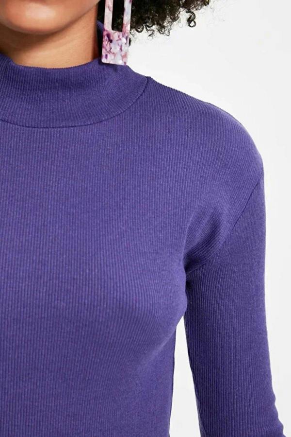 WOVCOR Fitted Stand Collar Long Sleeve Ribbed Knit Blouse