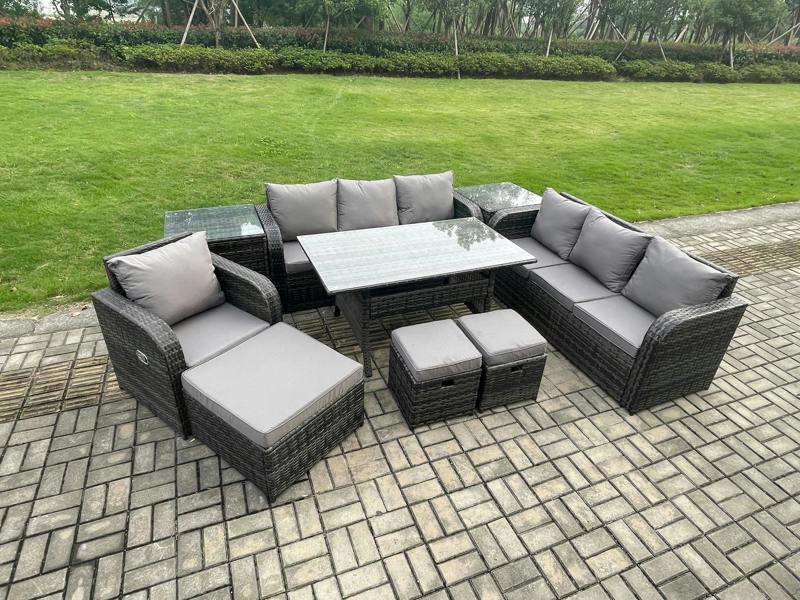 Fimous 10 Seater Rattan Garden Furniture Patio Set, Dining Table, 3 Seater Sofa, 3 Footstools, 2 Side Tables, Dark Grey Mixed