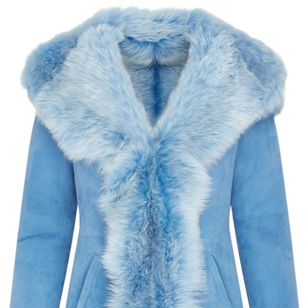 Infinity Leather Womens Blue Toscana Sheepskin Suede Leather Hooded Trench Coat - Aura