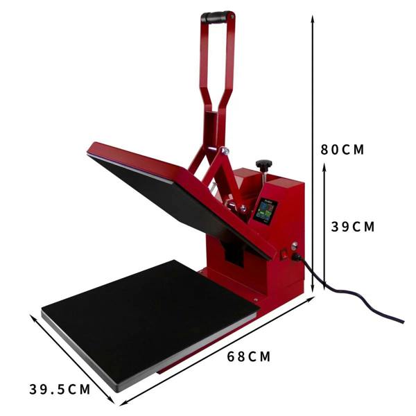 PixMax T-Shirt Sublimation Heat Press Machine in red, featuring a 38cm x 38cm clam design, with a sturdy base and adjustable handle