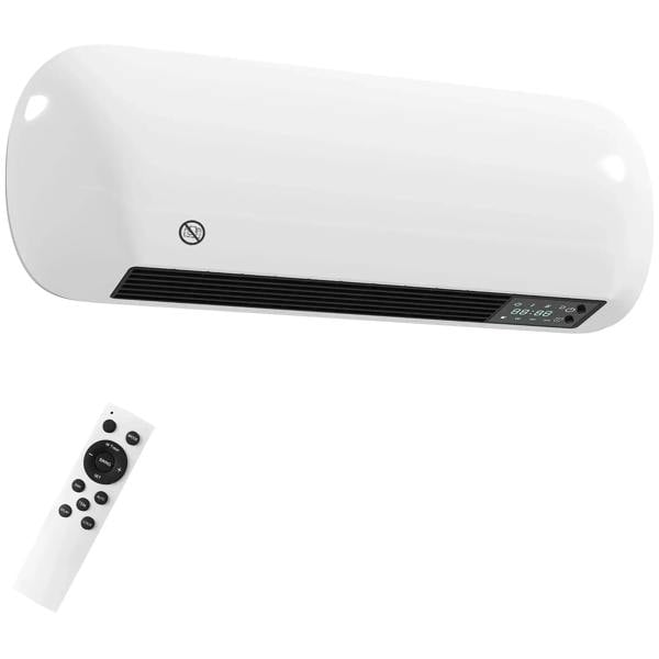 White wall-mount ceramic electric heater with fan, front grille, digital display, remote