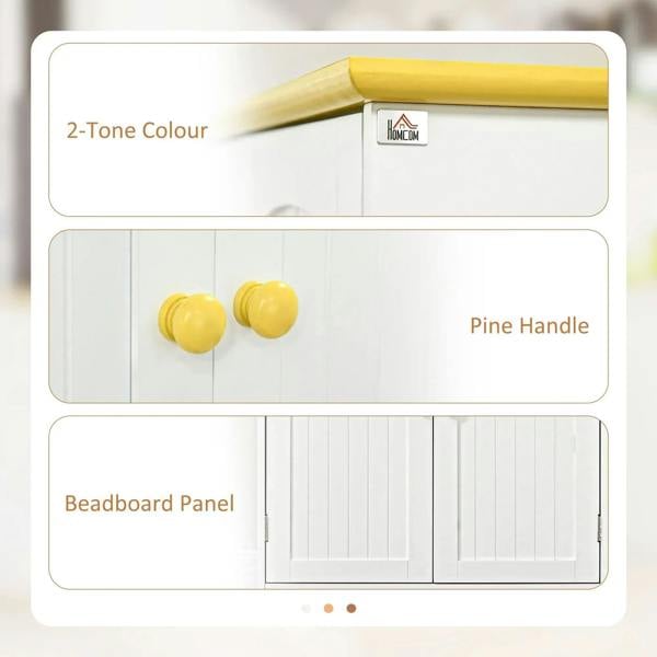 White cabinet doors with beadboard panels and yellow round knob pulls